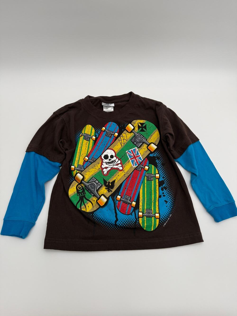 RudeBoyz Boys Size 7 Brown Blue Layered Skateboard Skull Graphic Long Sleeve Tee